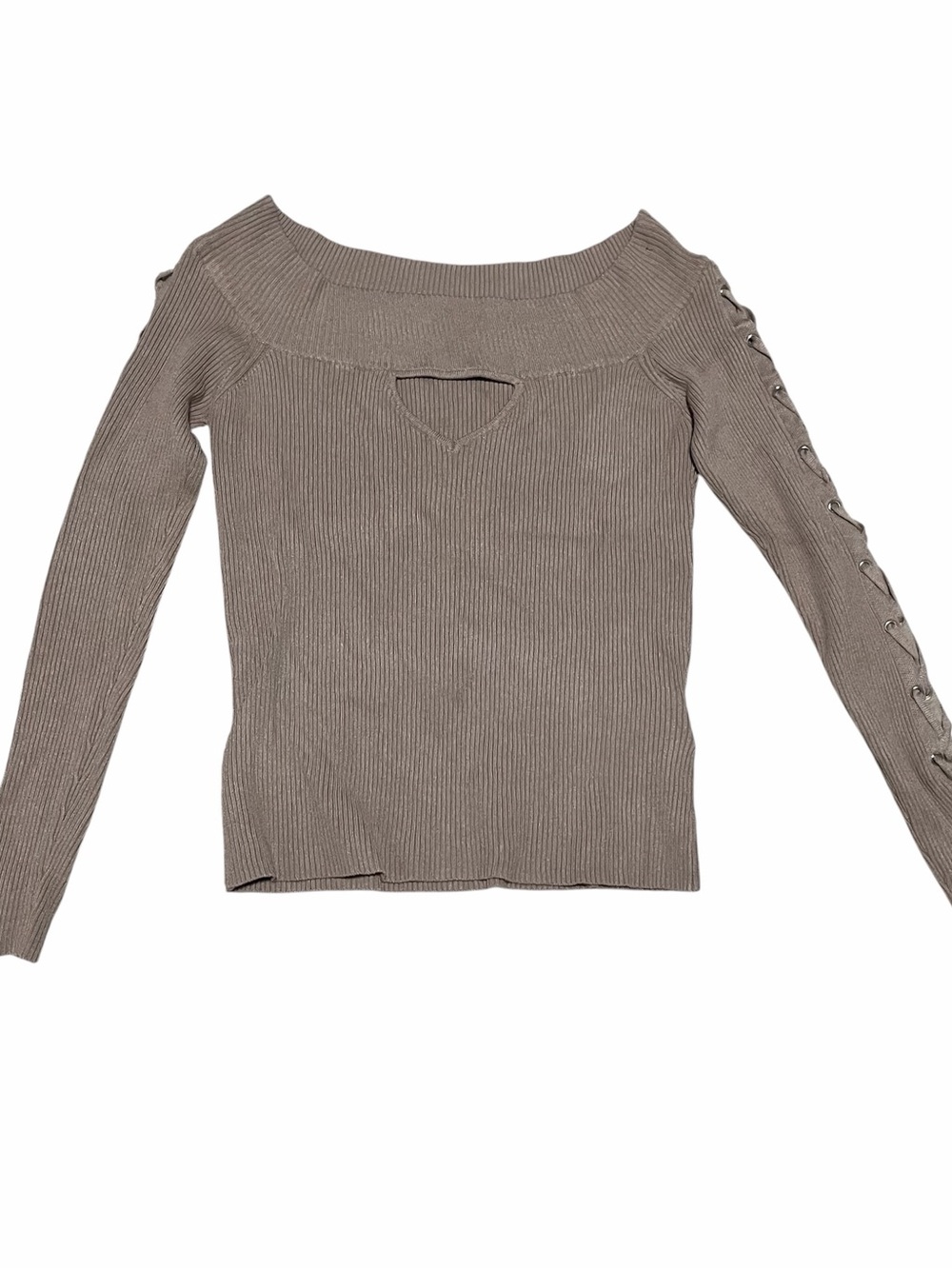 Guess Large Off Shoulder Keyhole Cut-out Ribbed Knit Sweater Top Lace-up Sleeve